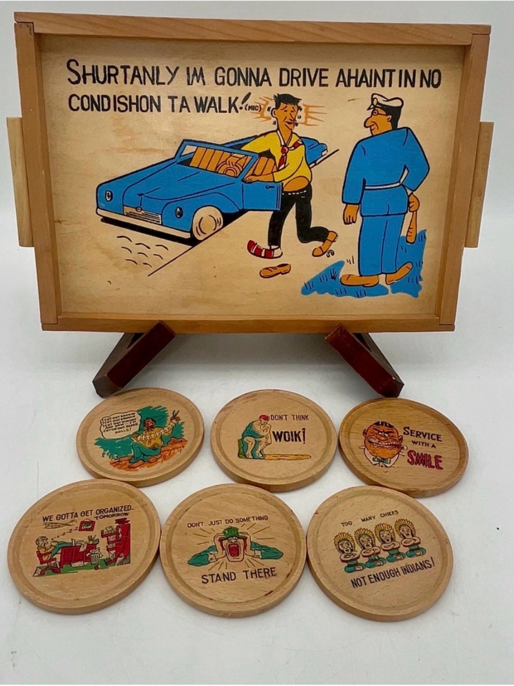 Vintage Cartoon Wood Tray with Stand and Coasters